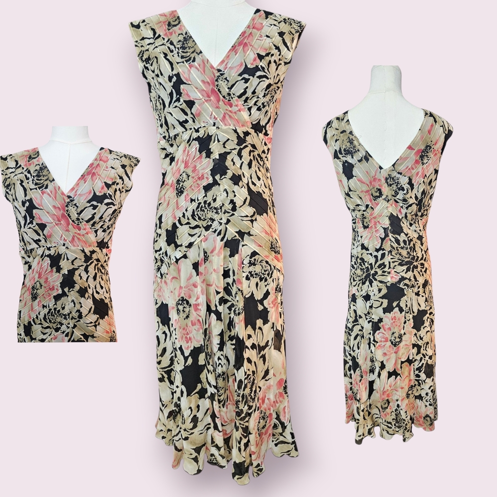 Jones New York Black and Pink Silk Midi Dress, Size 6